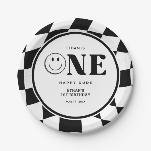 ワンハッピーダードハッピーハッピー顔ボーイ1歳の誕生日 ペーパープレート (正面)