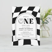 ワンハッピーダードハッピーハッピー顔ボーイ1歳の誕生日 招待状 (スタンド正面)