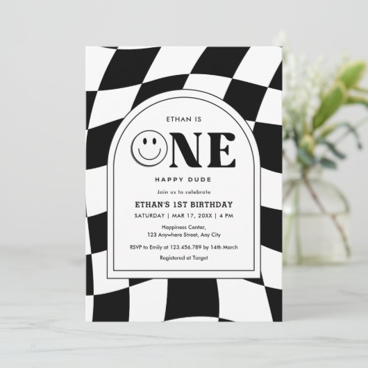 ワンハッピーダードハッピーハッピー顔ボーイ1歳の誕生日 招待状 (スタンド正面)
