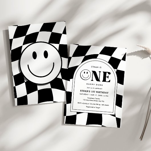 ワンハッピーダードハッピーハッピー顔ボーイ1歳の誕生日 招待状