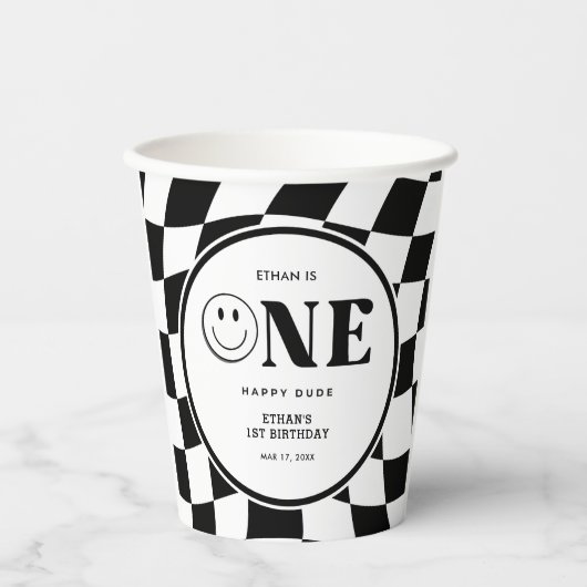 ワンハッピーダードハッピーハッピー顔ボーイ1歳の誕生日 紙コップ (正面)