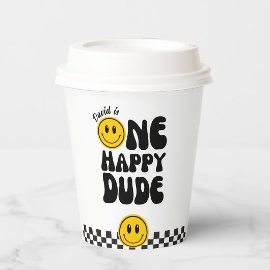 ワンハッピーダードハッピーハッピー顔ボーイ1歳の誕生日 紙コップ (正面)