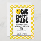 ワンハッピーダードハッピーハピー顔ボーイファースト誕生日 招待状 (正面)