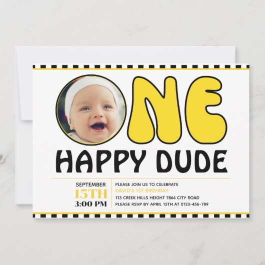 ワンハッピーダードハピー顔チェックボーイ誕生日写真 招待状 (正面)