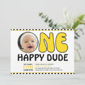 ワンハッピーダードハピー顔チェックボーイ誕生日写真 招待状 (スタンド正面)