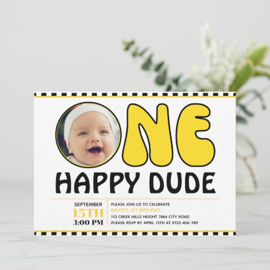 ワンハッピーダードハピー顔チェックボーイ誕生日写真 招待状 (スタンド正面)