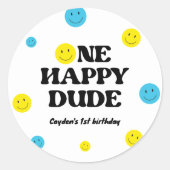 ワンハッピーダード笑顔顔誕生日パーティー ラウンドシール (正面)