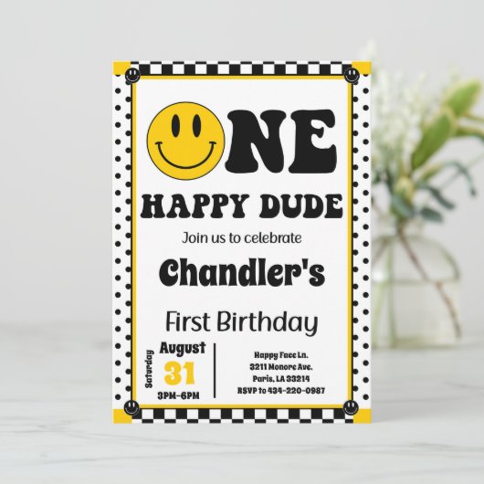 ワンハッピードゥデ水玉模様スマイリーフェイス1st誕生日 招待状 (スタンド正面)