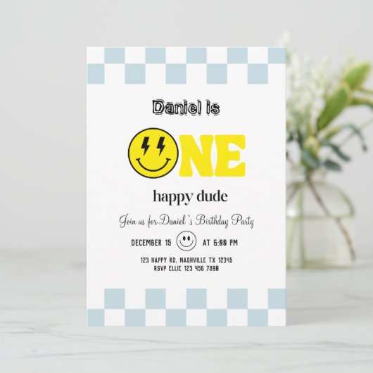 ワンハッピードゥデ1stバースデーボーイパーティー – かわいい&おもしろい 招待状 (スタンド正面)