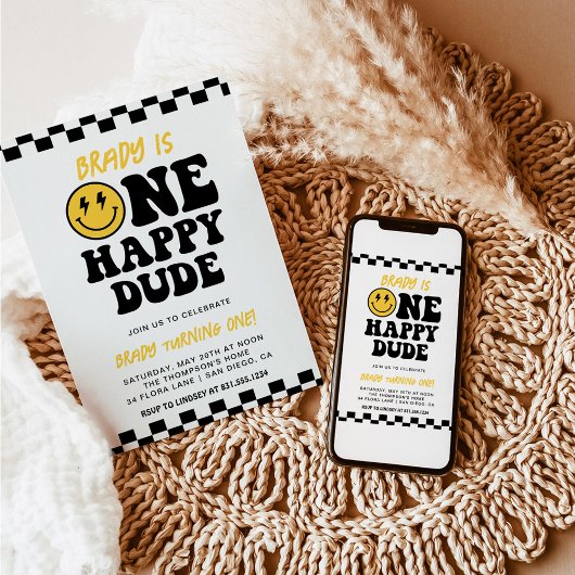 ワンハッピードゥ |スマイル顔少年1歳の誕生日 招待状