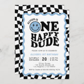 ワンハッピードゥ |ブルースマイル顔少年1歳の誕生日 招待状 (正面/裏面)