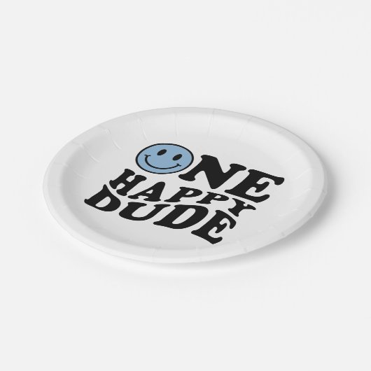 ワンハッピードゥ |ブルーレトロ名門私立校風のスマイル誕生日 ペーパープレート (アングル)