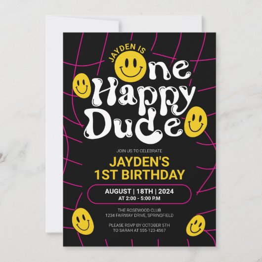 ワンハッピードデネオンスマイル顔ボーイ1st誕生日 招待状 (正面)