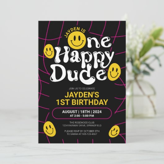 ワンハッピードデネオンスマイル顔ボーイ1st誕生日 招待状 (スタンド正面)