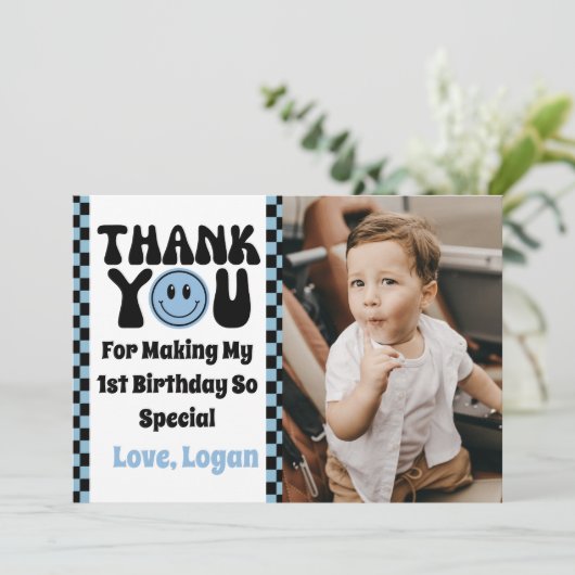 ワンハッピードドレトロボーイ1st誕生日パーティー写真 サンキューカード (スタンド正面)