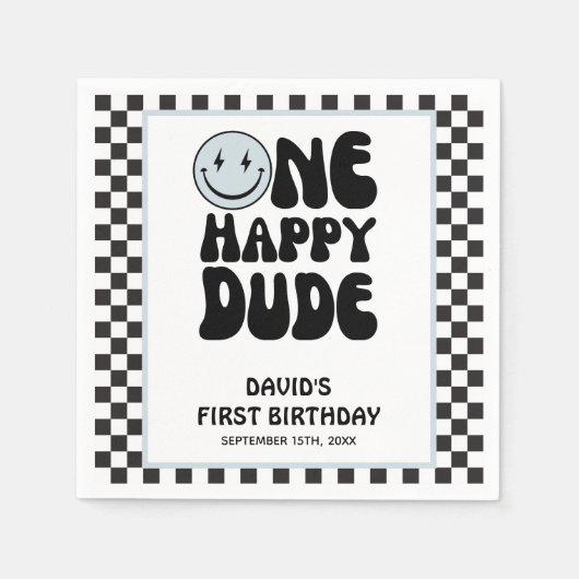 ワンハッピードブルーカワイボーイファースト誕生日 スタンダードカクテルナプキン (正面)