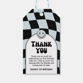 ワンハッピードブルーチェックフォト誕生日 ギフトタグ