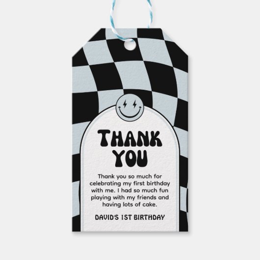 ワンハッピードブルーチェックフォト誕生日 ギフトタグ (正面)