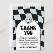 ワンハッピードブルーチェックフォト誕生日 サンキューカード (正面)