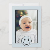 ワンハッピードブルーチェックフォト誕生日 サンキューカード (裏面)