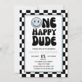 ワンハッピードブルーハッピー顔ボーイファースト誕生日 招待状 (正面)