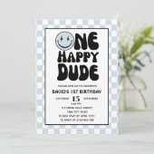 ワンハッピードブルーハッピー顔ボーイファースト誕生日 招待状 (スタンド正面)