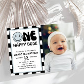 ワンハッピードブルーハッピー顔ボーイ誕生日写真 招待状