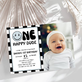 ワンハッピードブルーハッピー顔ボーイ誕生日写真 招待状