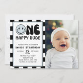 ワンハッピードブルーハッピー顔ボーイ誕生日写真 招待状 (正面)