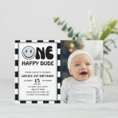 ワンハッピードブルーハッピー顔ボーイ誕生日写真 招待状 (スタンド正面)