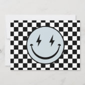 ワンハッピードブルーハッピー顔ボーイ誕生日写真 招待状 (裏面)