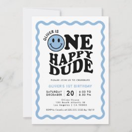 ワンハッピードブルーハッピー顔ボーイ1st誕生日 招待状