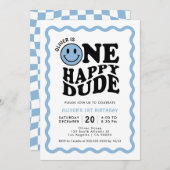 ワンハッピードブルーハッピー顔ボーイ1st誕生日 招待状 (正面/裏面)