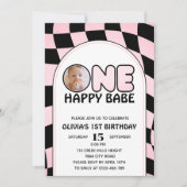 ワンハッピーバブレトログルービーガールフォト誕生日 招待状 (正面)