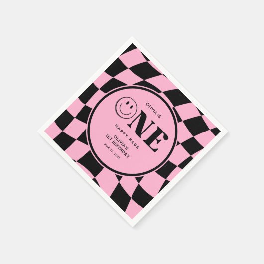 ワンハッピーバーベハッピー顔ピンクガール1st誕生日 スタンダードカクテルナプキン (角)