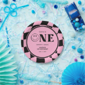 ワンハッピーバーベハッピー顔ピンクガール1st誕生日 ペーパープレート (パーティー)