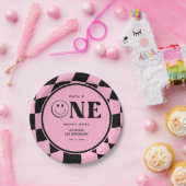 ワンハッピーバーベハッピー顔ピンクガール1st誕生日 ペーパープレート (パーティー)