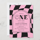 ワンハッピーバーベハッピー顔ピンクガール1st誕生日 招待状 (正面)