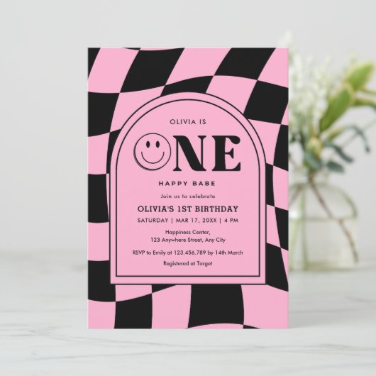 ワンハッピーバーベハッピー顔ピンクガール1st誕生日 招待状 (スタンド正面)