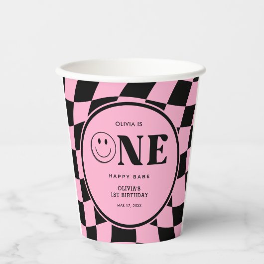 ワンハッピーバーベハッピー顔ピンクガール1st誕生日 紙コップ (正面)
