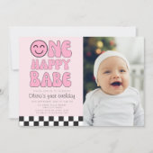 ワンハッピーバーベハッピー顔ピンクフォト 招待状 (正面)