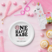 ワンハッピーバーベピンク名門私立校風のスマイルガール1st誕生日 ペーパープレート (パーティー)