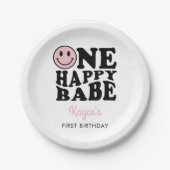 ワンハッピーバーベピンク名門私立校風のスマイルガール1st誕生日 ペーパープレート (正面)