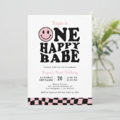 ワンハッピーバーベピンク名門私立校風のスマイルガール1st誕生日 招待状 (スタンド正面)