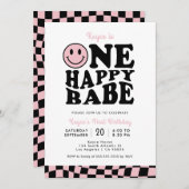 ワンハッピーバーベピンク名門私立校風のスマイルガール1st誕生日 招待状 (正面/裏面)