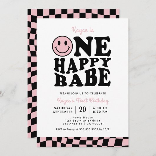 ワンハッピーバーベピンク名門私立校風のスマイルガール1st誕生日 招待状 (正面/裏面)
