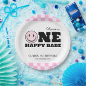 ワンハッピーバーベピンク市松模様に誕生日 ペーパープレート (パーティー)