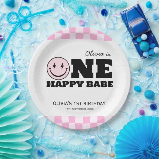 ワンハッピーバーベピンク市松模様に誕生日 ペーパープレート (パーティー)