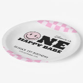 ワンハッピーバーベピンク市松模様に誕生日 ペーパープレート (アングル)