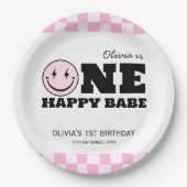 ワンハッピーバーベピンク市松模様に誕生日 ペーパープレート (正面)